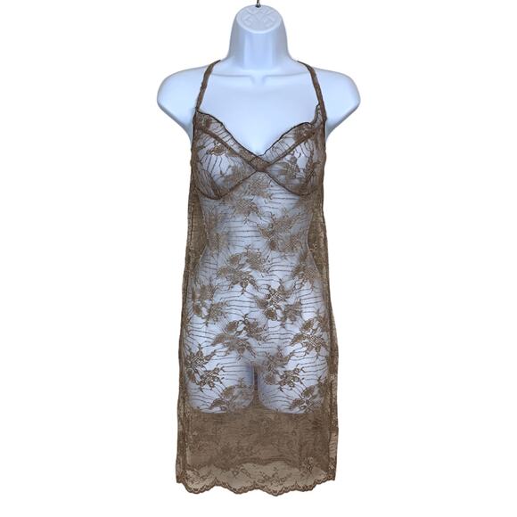 Italian Lingerie Lace Chemise Slip SMALL Luxury Sheer Terre Alte Brown $100 NEW - Picture 1 of 6